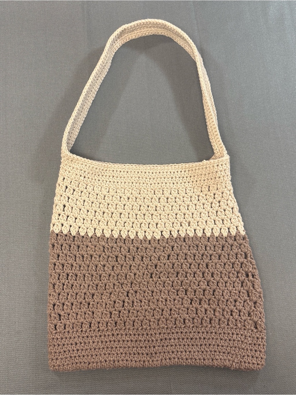 Handcrafted Two-Tone Crochet Shoulder Bag cream and taupe, Boho-festival style